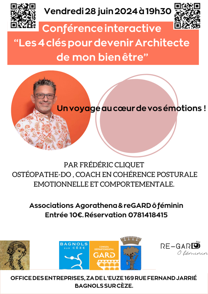 Conférence interactive « les 4 clés pour devenir architecte de mon bien être » par Frédéric Cliquet en partenariat avec l’association Agorathena de St Laurent les Arbres.